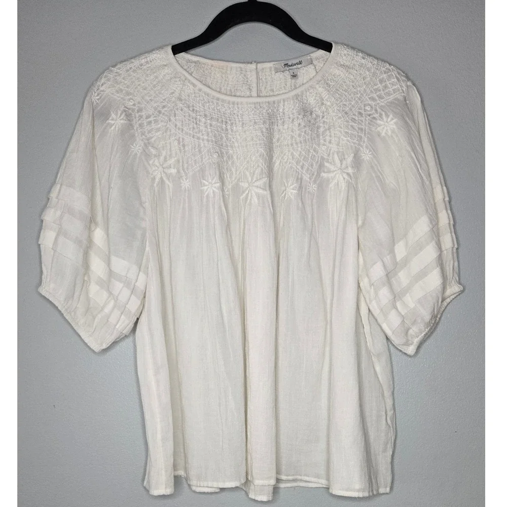 Madewell Embroidered Puff Sleeve Blouse Small White Cotton Boho Peasant Top
